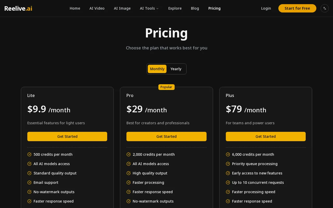 Reelive AI — pricing page