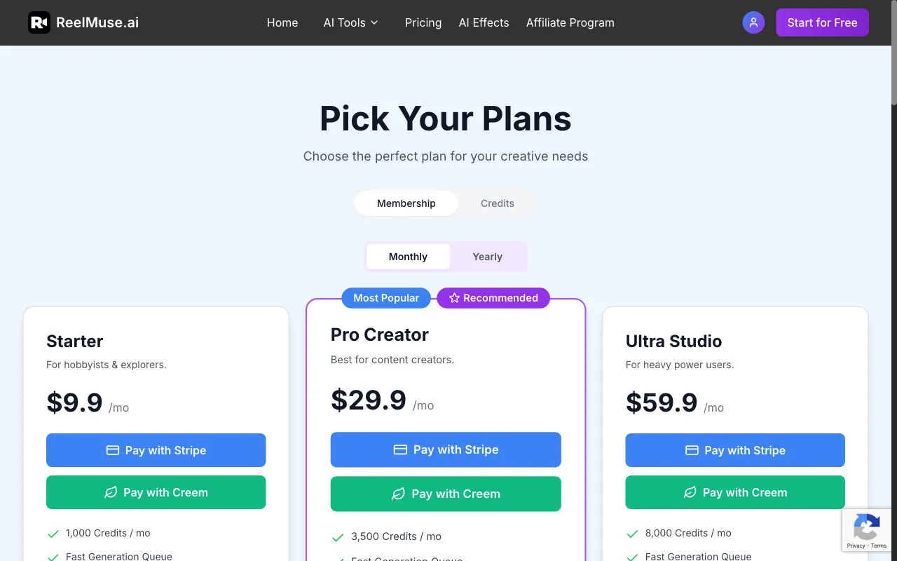 ReelMuse — pricing page
