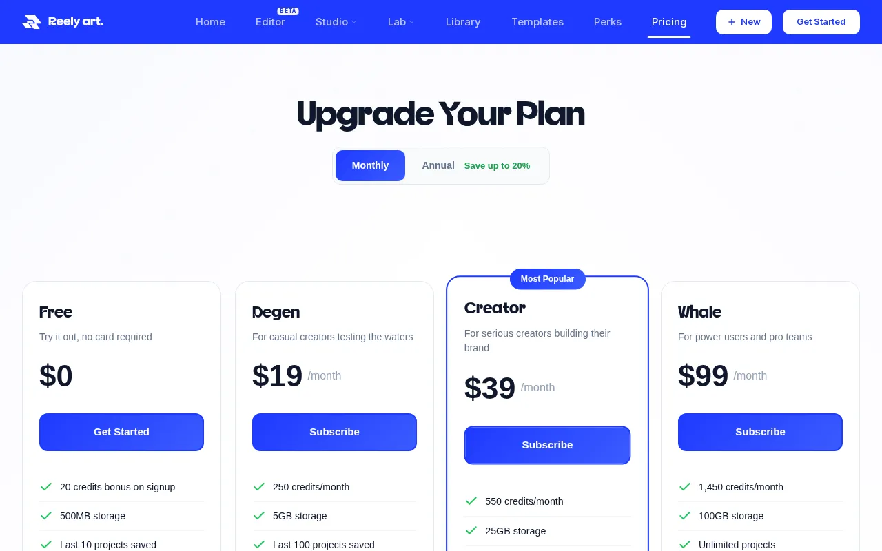 ReelyArt — pricing page