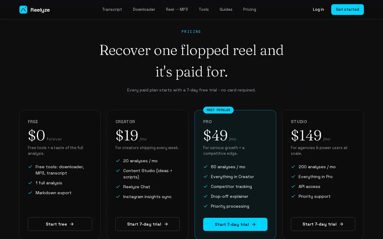 Reelyze — pricing page
