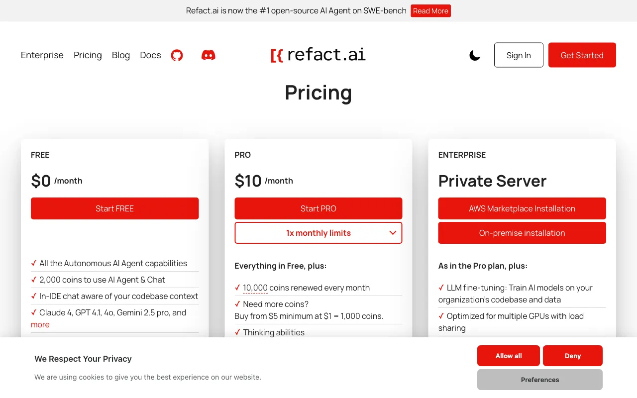 Refact AI — pricing page