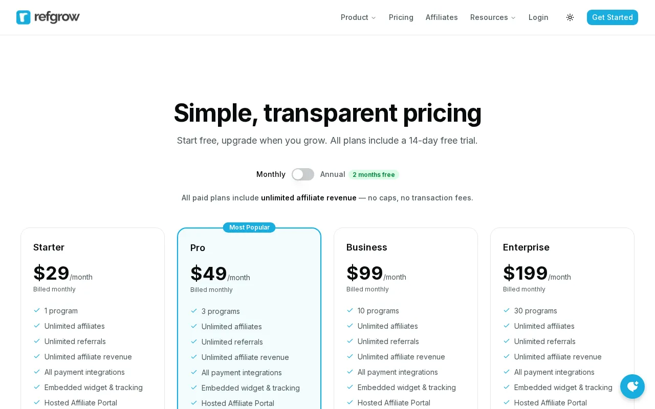 Refgrow — pricing page