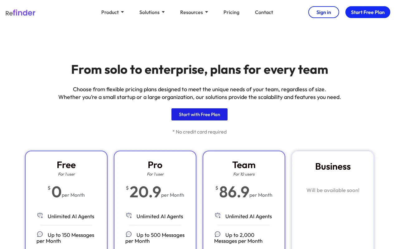 Refinder AI — pricing page