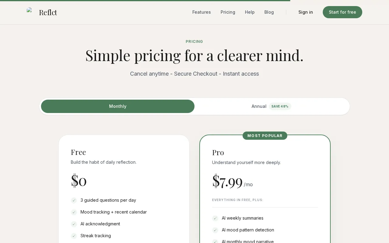 Reflct — pricing page