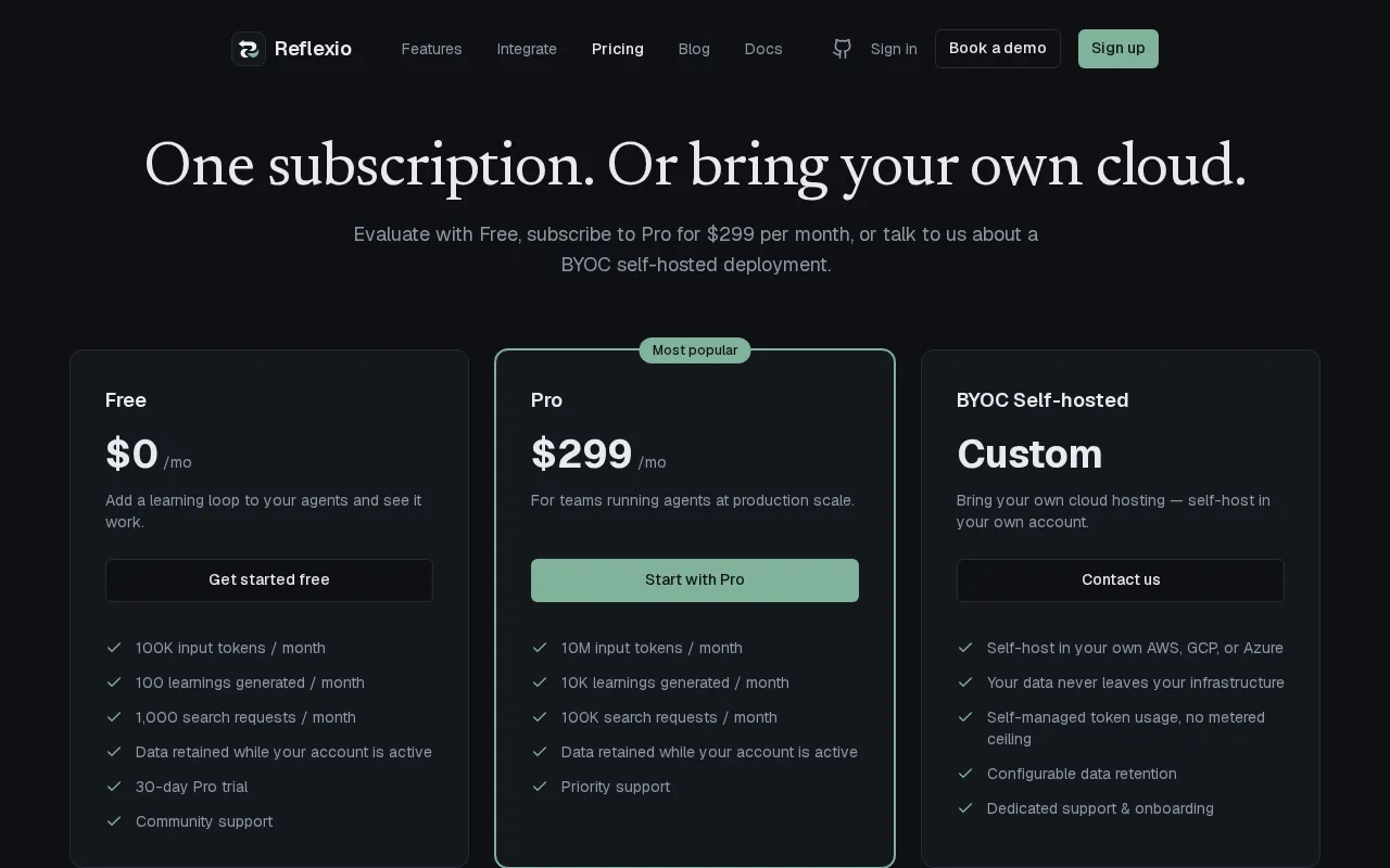 Reflexio — pricing page