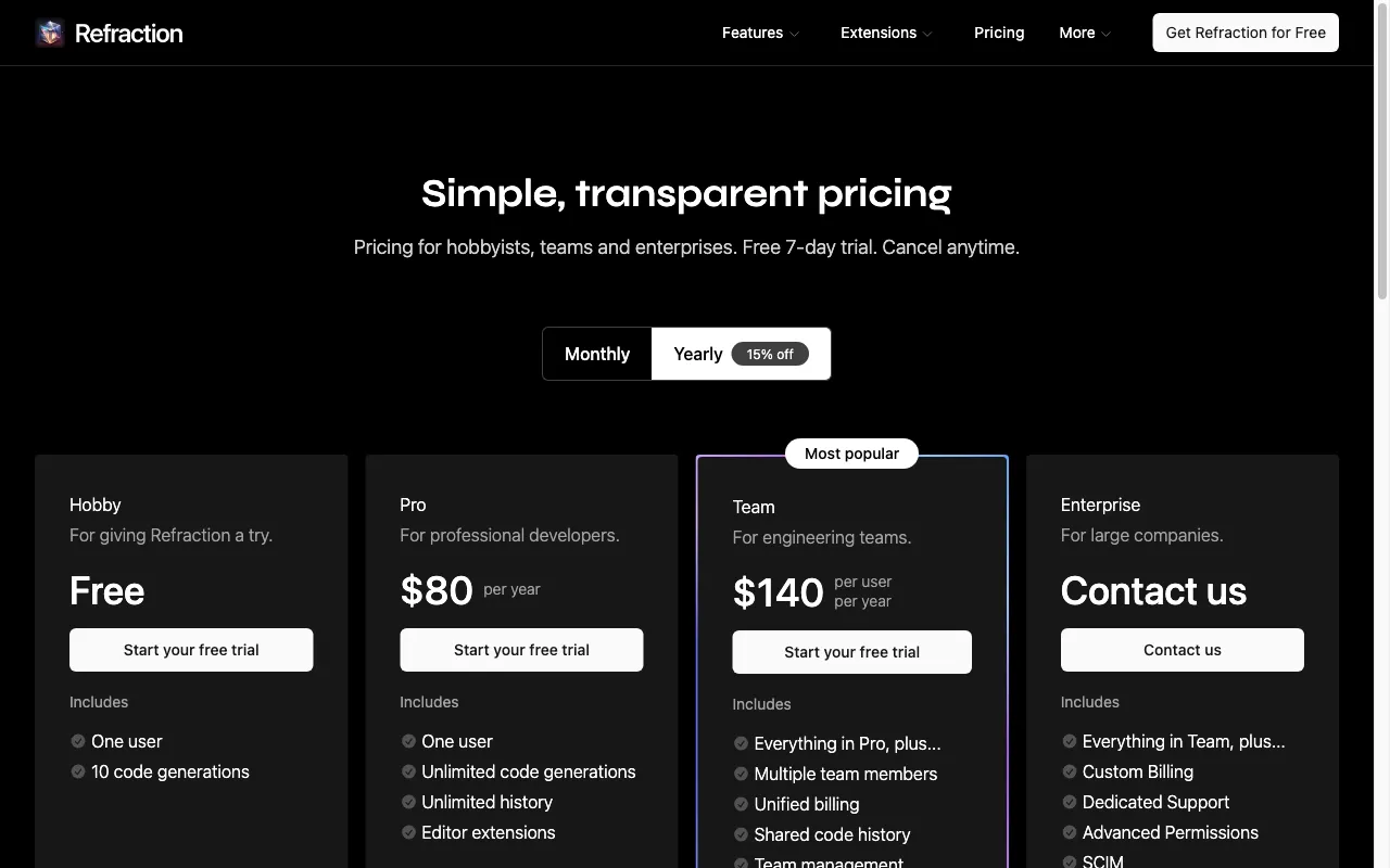 Refraction AI — pricing page