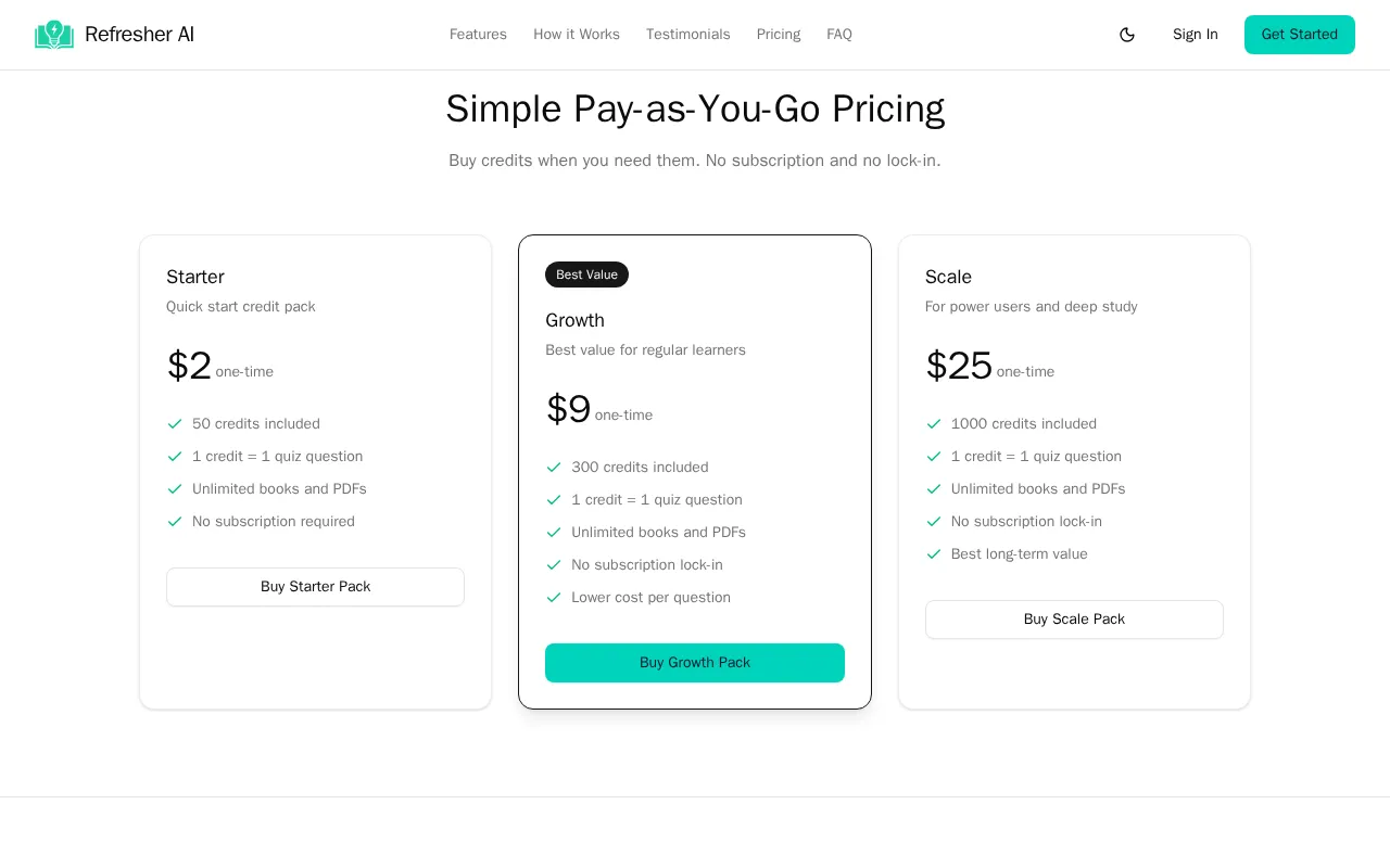 Refresher AI — pricing page