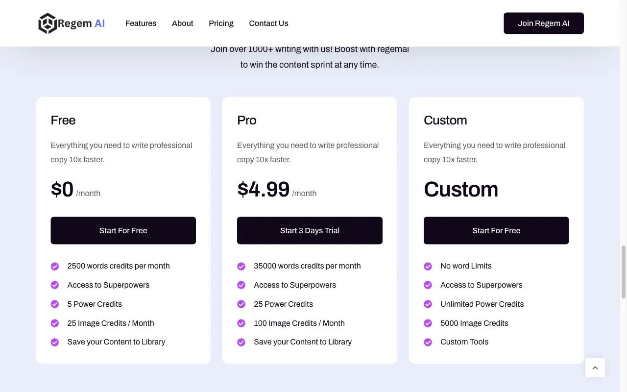 Regem AI Platform — pricing page