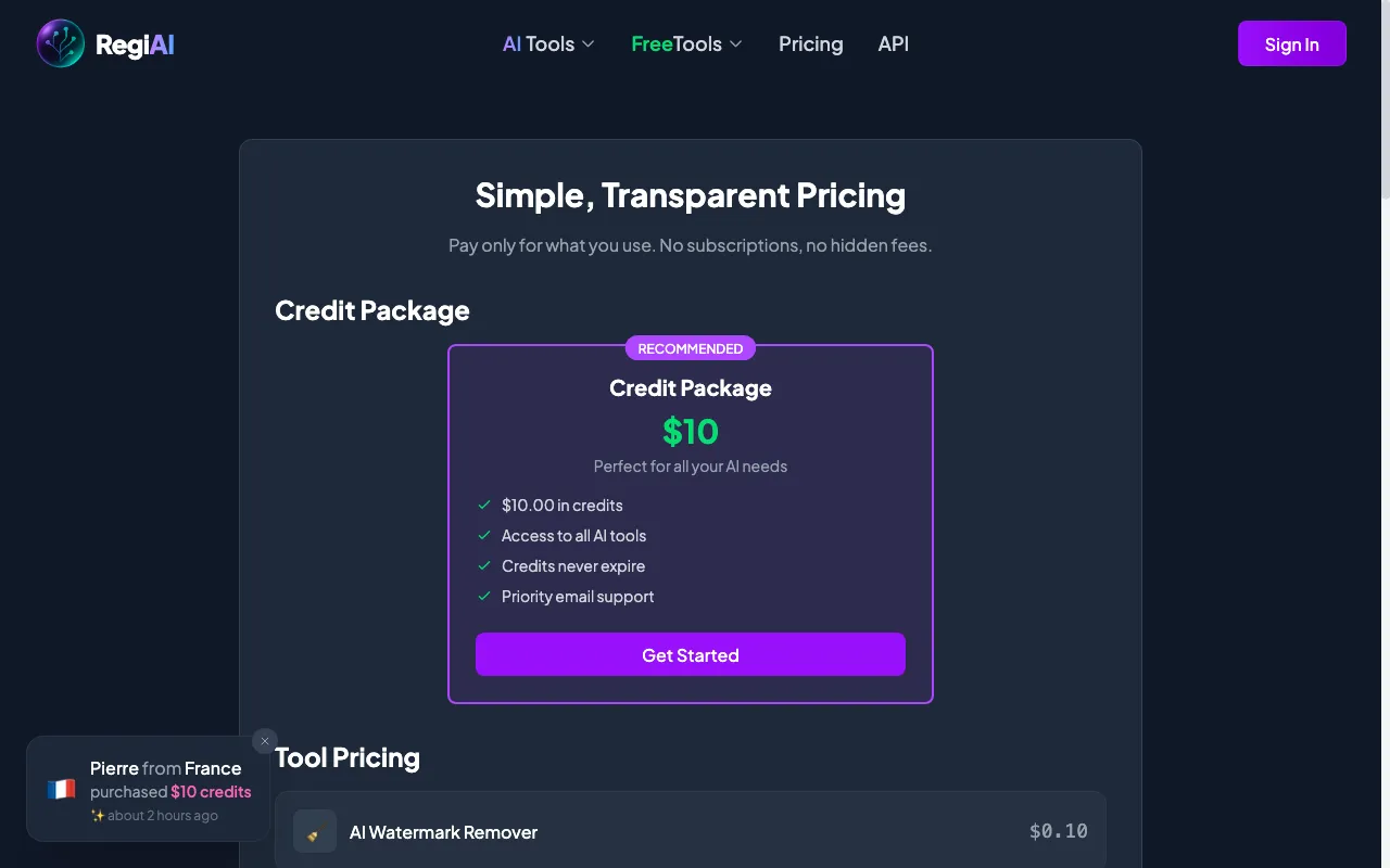Regi AI — pricing page