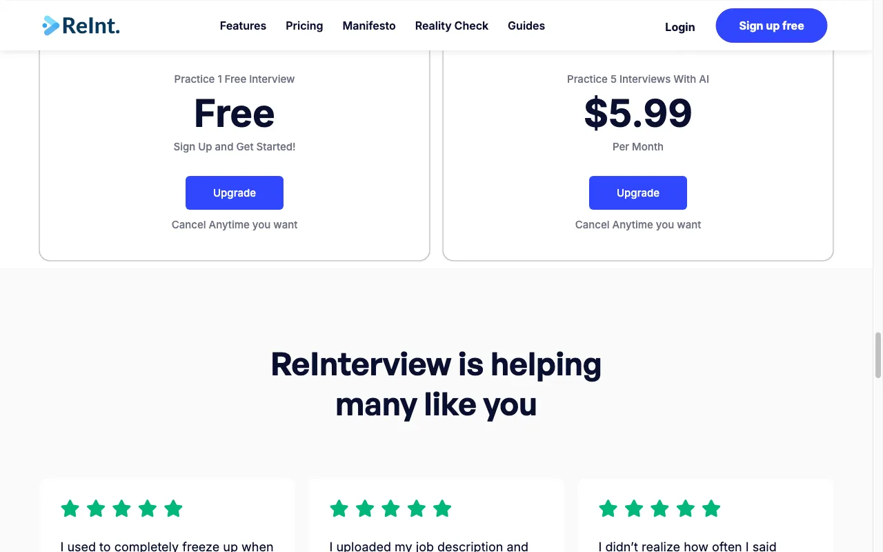 ReInterview — pricing page