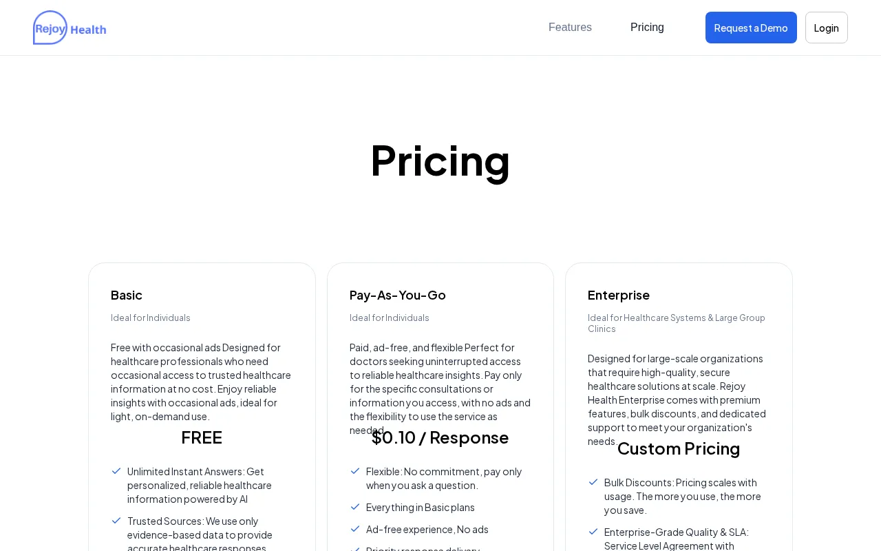 Rejoy Health — pricing page