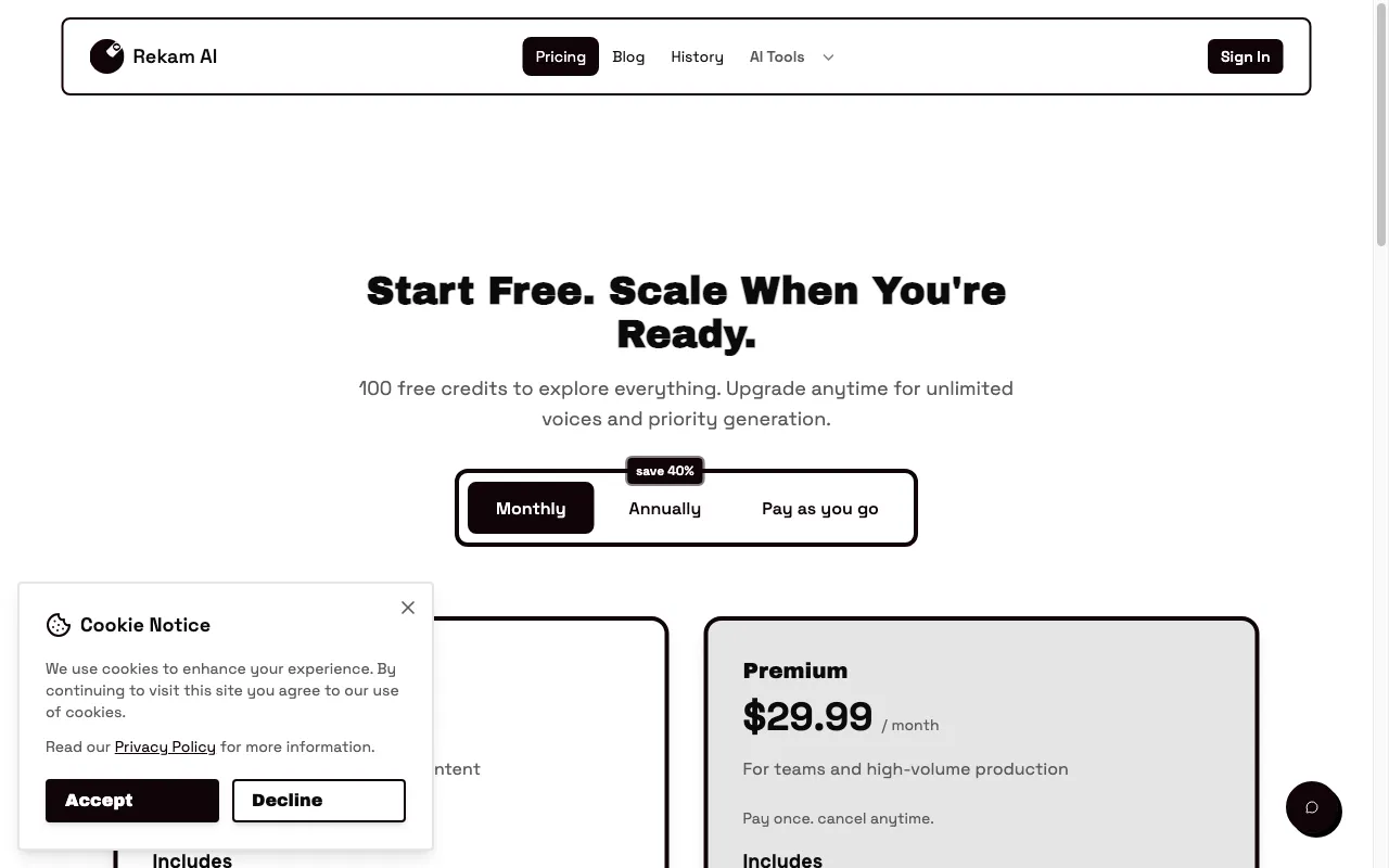 Rekam AI-Your One-Stop Voice Creation Platform — pricing page
