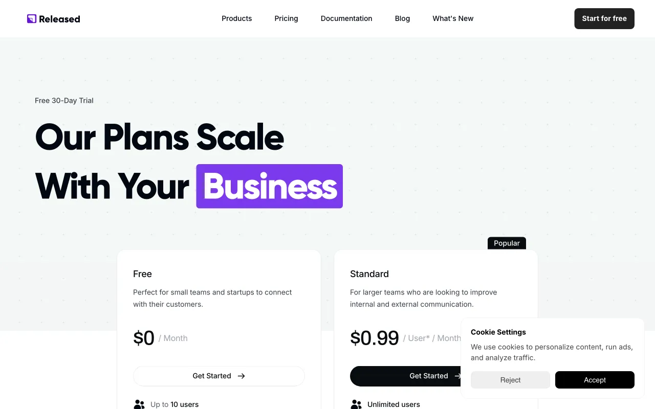 Released — pricing page