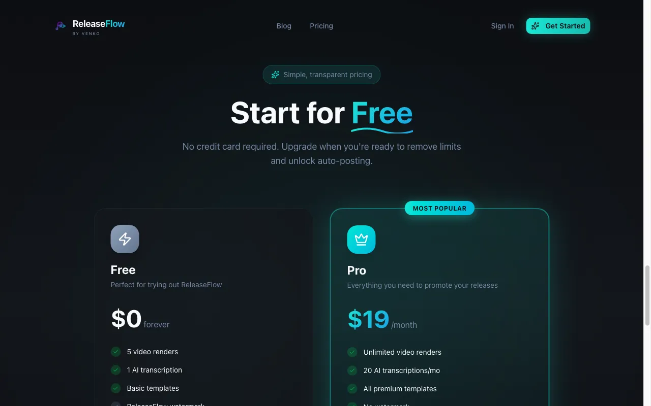 ReleaseFlow — pricing page