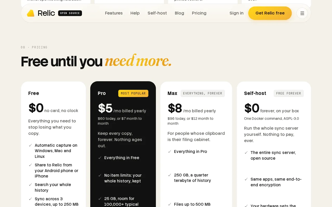Relic — pricing page