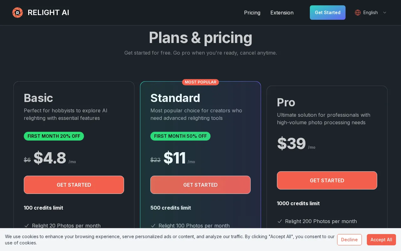 Relight AI — pricing page