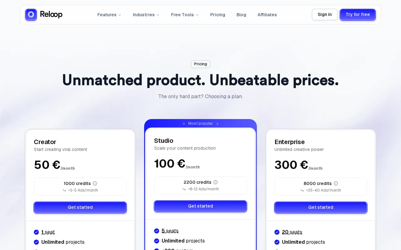 Reloop — pricing page