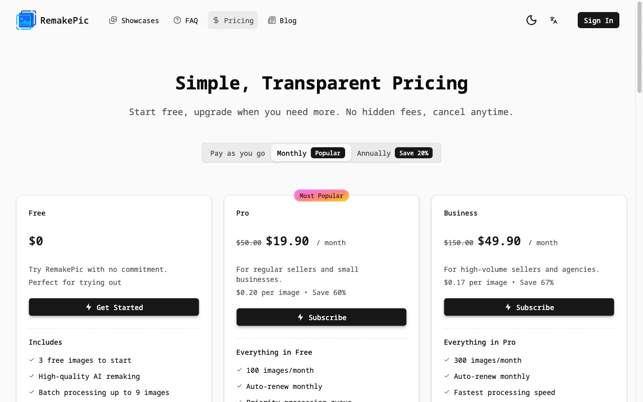 RemakePic — pricing page