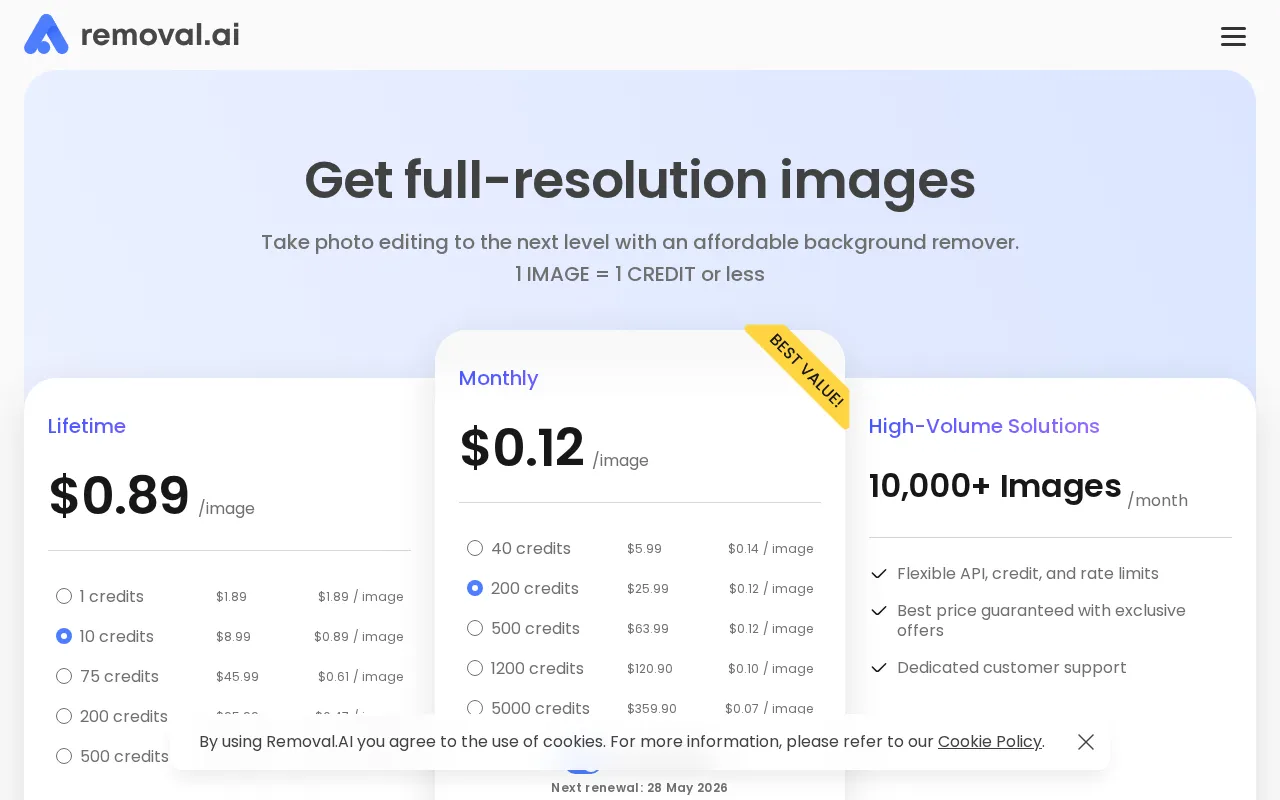 Removal.AI — pricing page