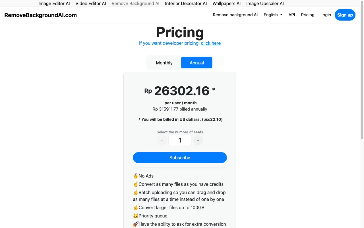 RemoveBackgroundAI.com — pricing page