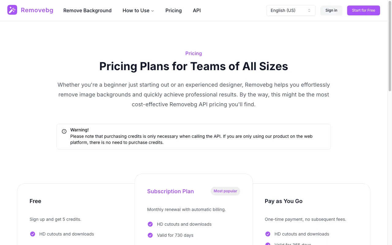 Remove Bg — pricing page