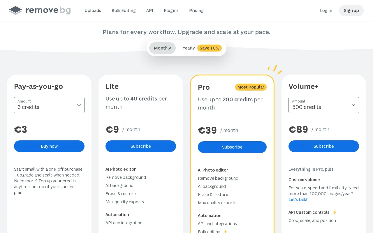 Remove.bg — pricing page