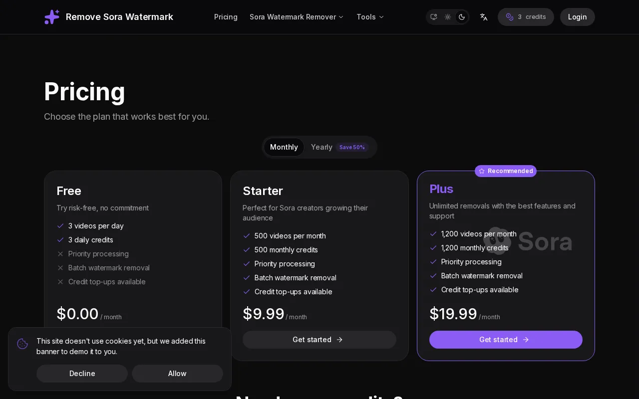 Remove Sora Watermark — pricing page