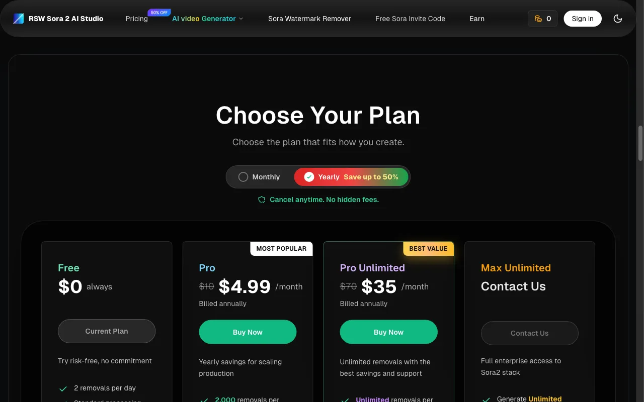 Remove Sora watermarks in 5 seconds — pricing page