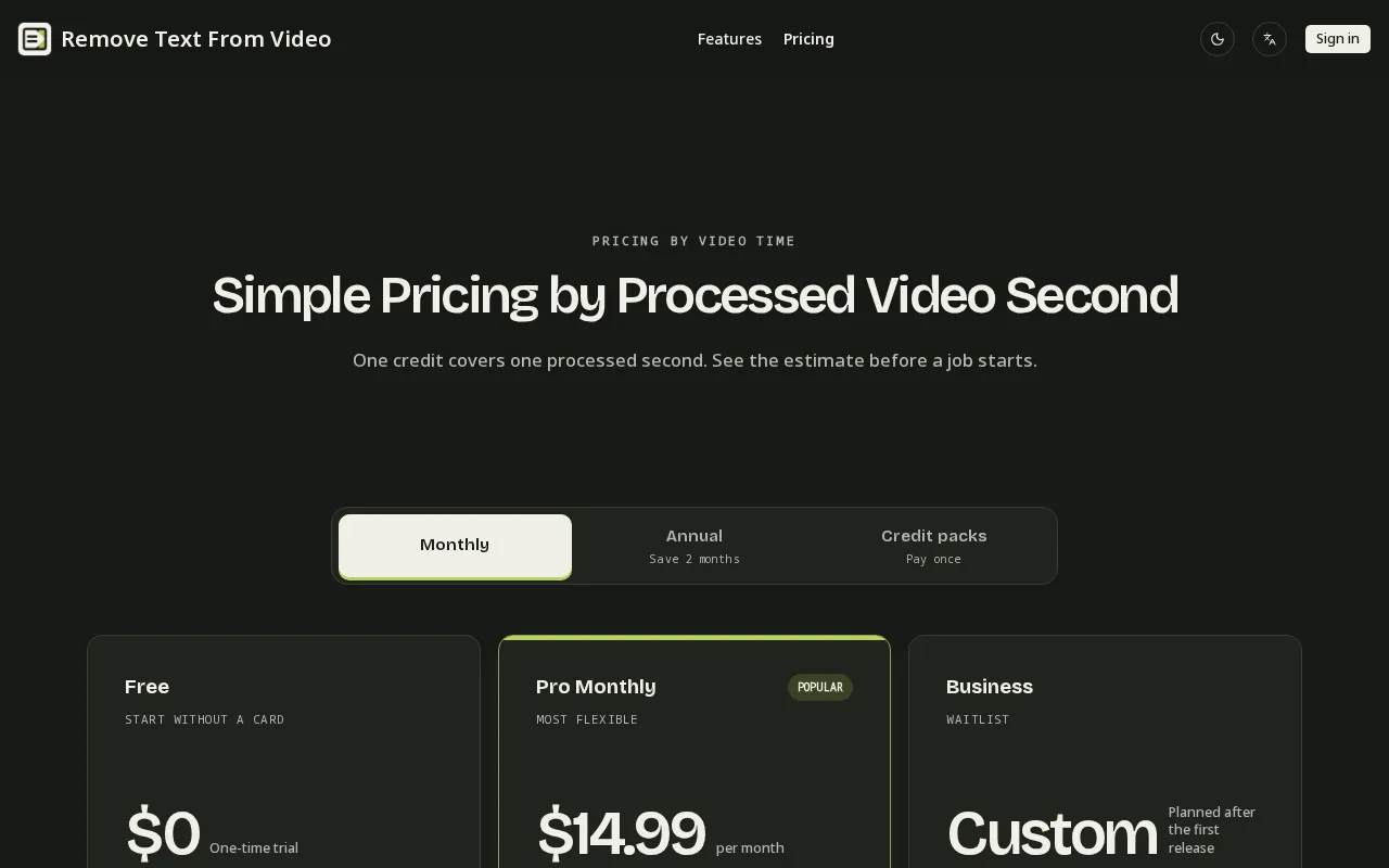 Remove Text From Video.net — pricing page