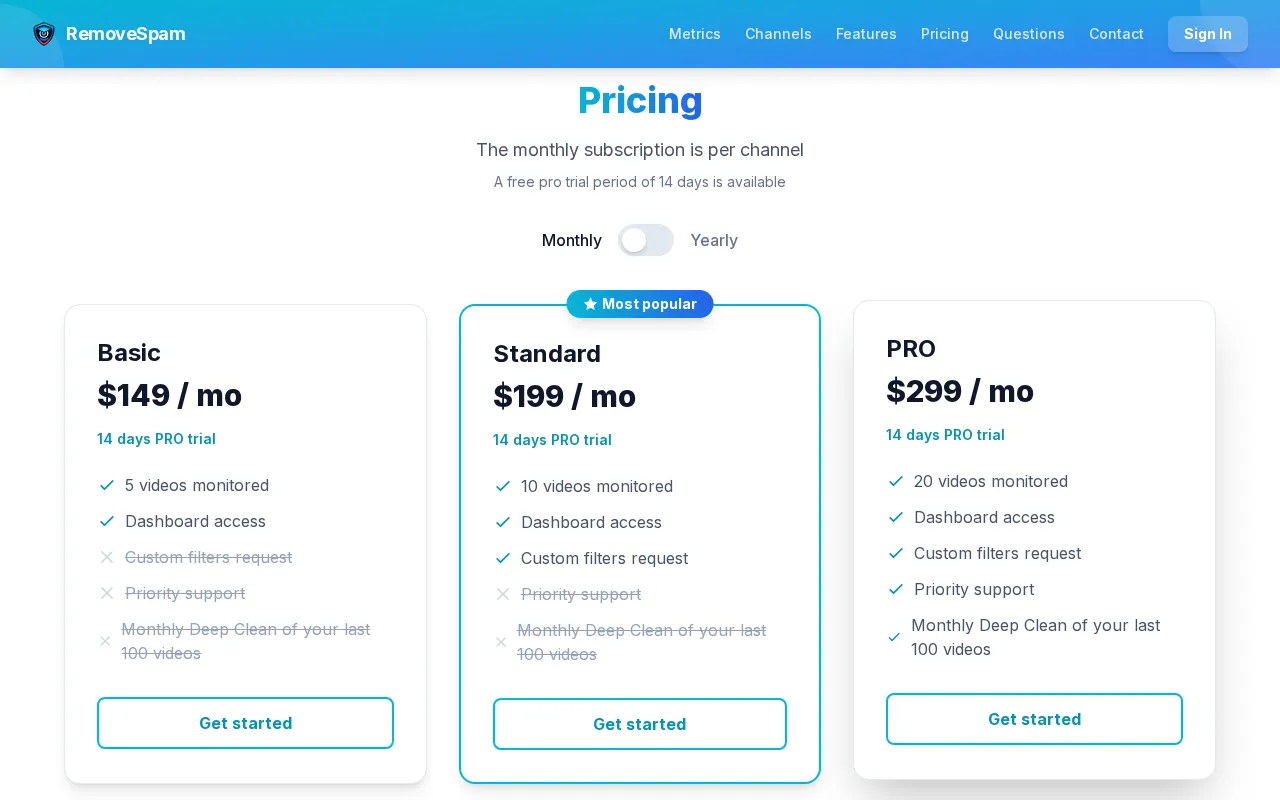 RemoveSpam — pricing page