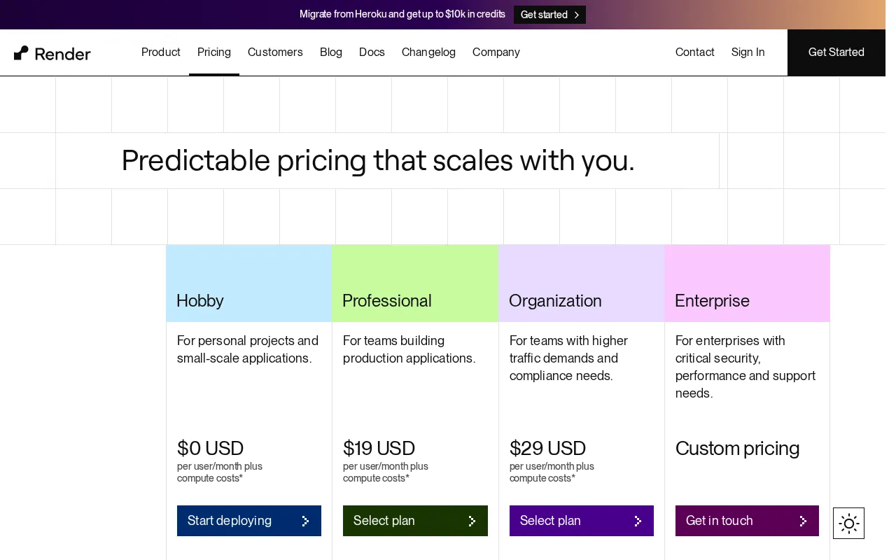 Render — pricing page