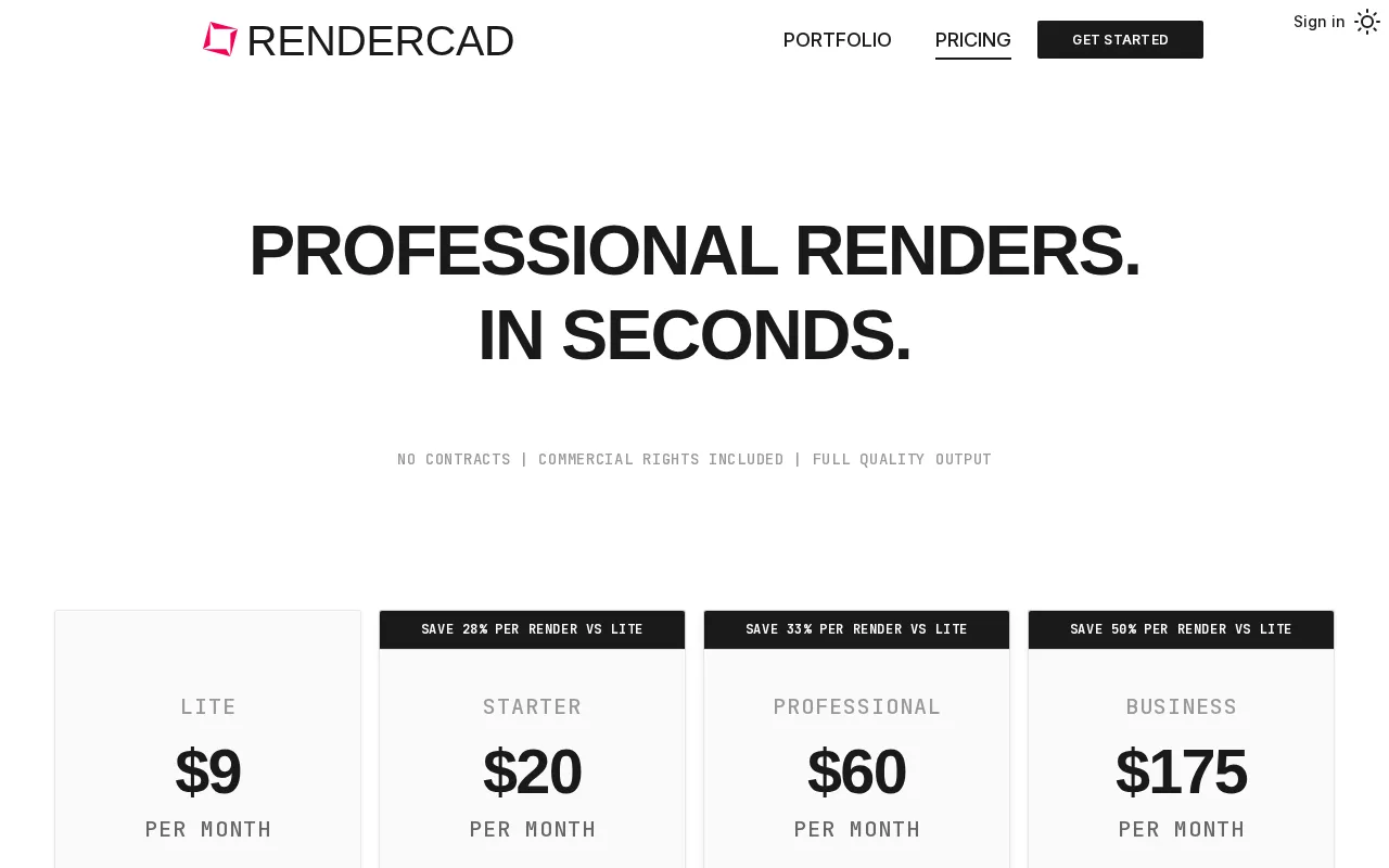 RENDERCAD — pricing page