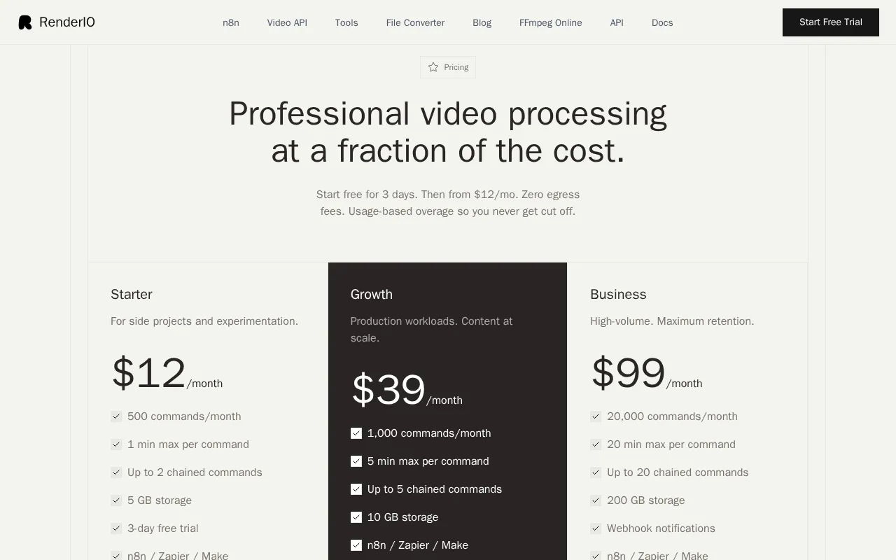 Renderio — pricing page