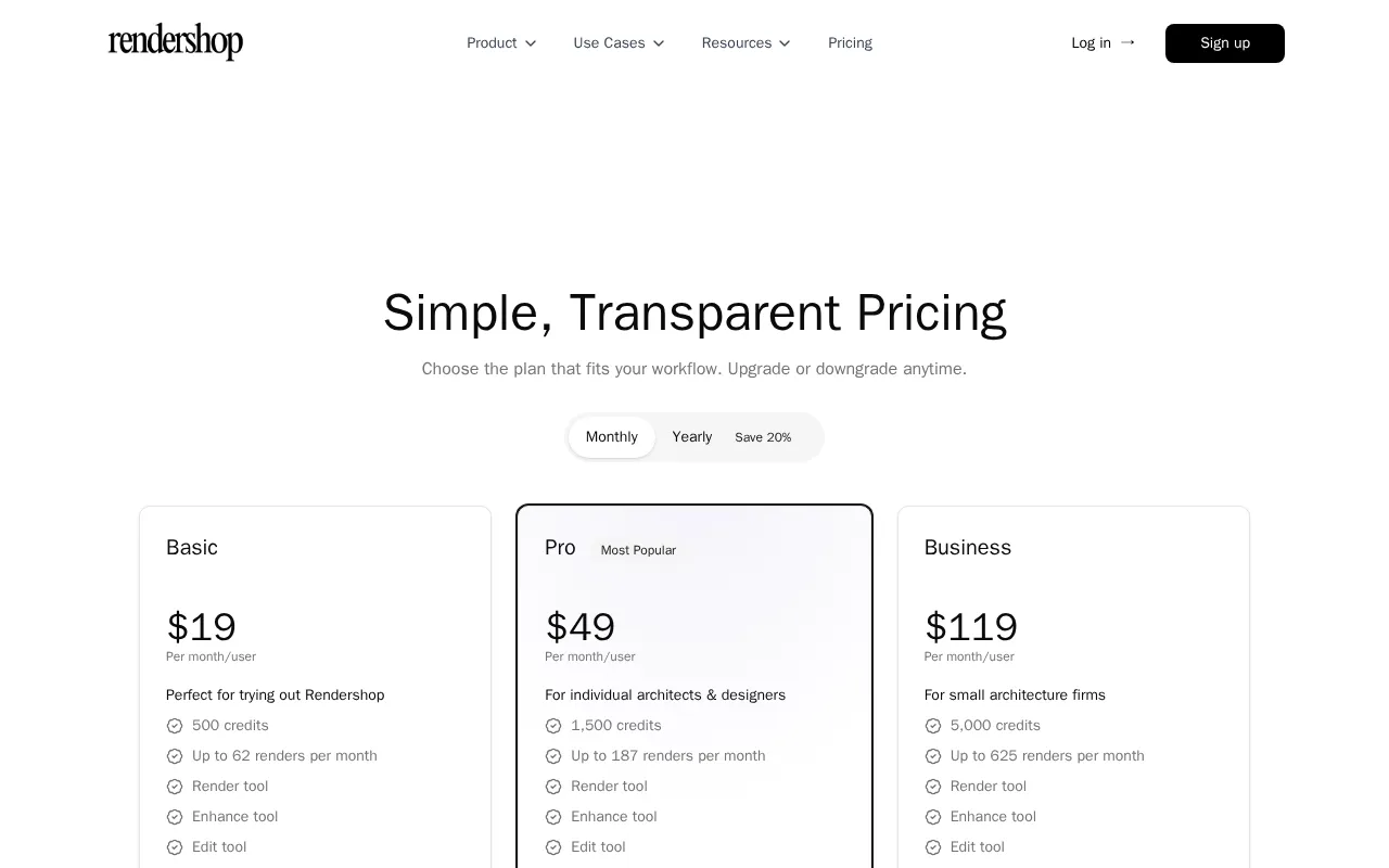 Rendershop — pricing page