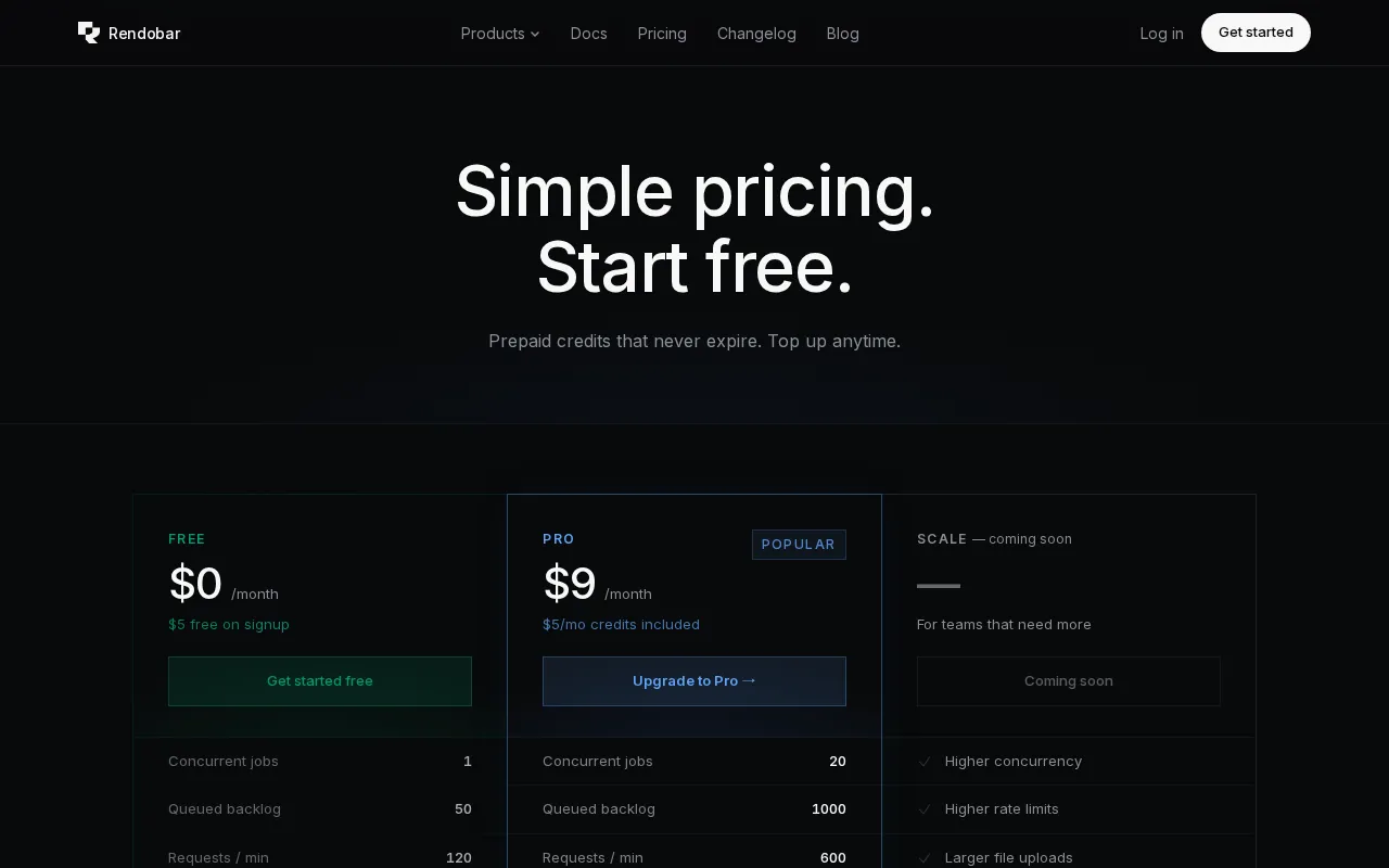 Rendobar — pricing page