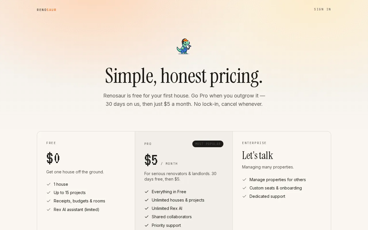 Renosaur — pricing page