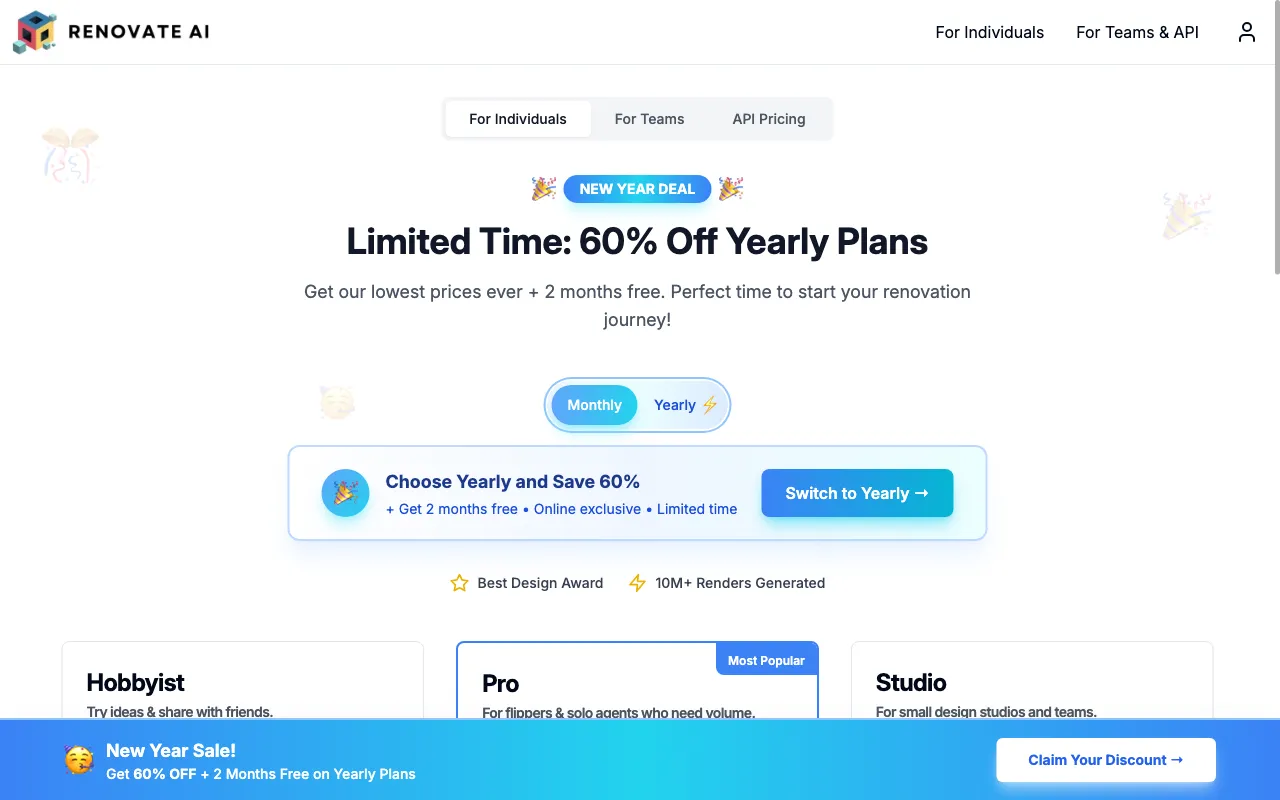 Renovate AI app 2.0 — pricing page