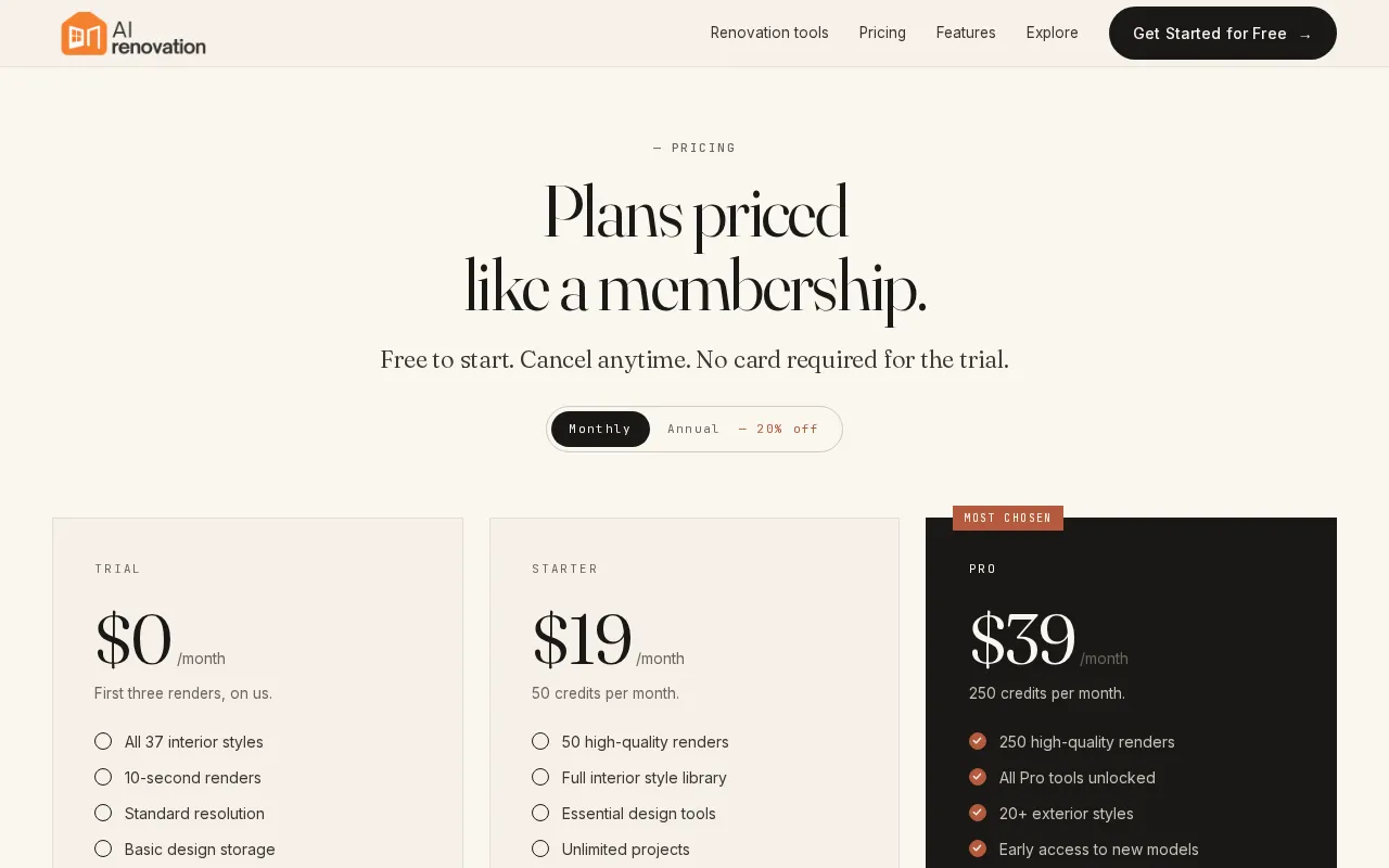 AI Renovation — pricing page
