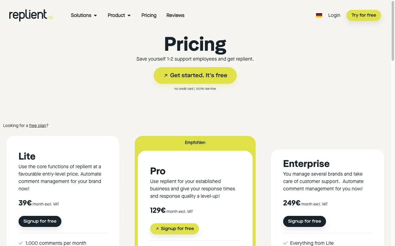 replient.ai — pricing page