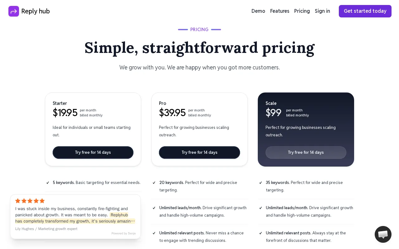 Replyhub — pricing page