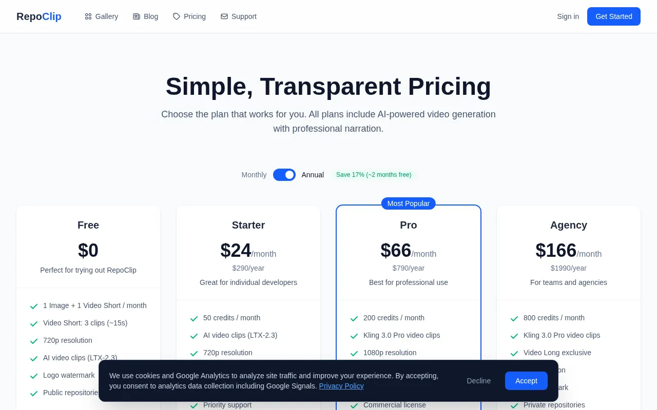 RepoClip — pricing page