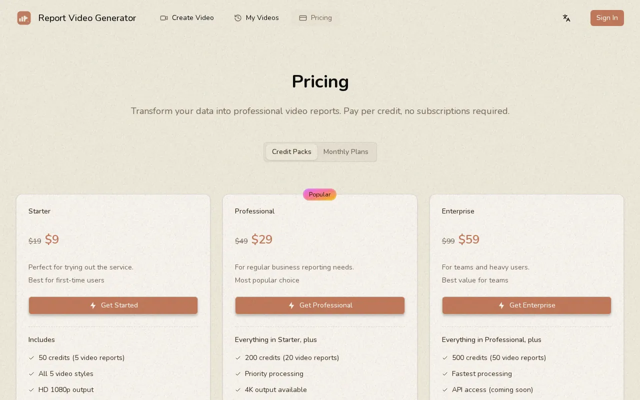 Report Video Generator — pricing page