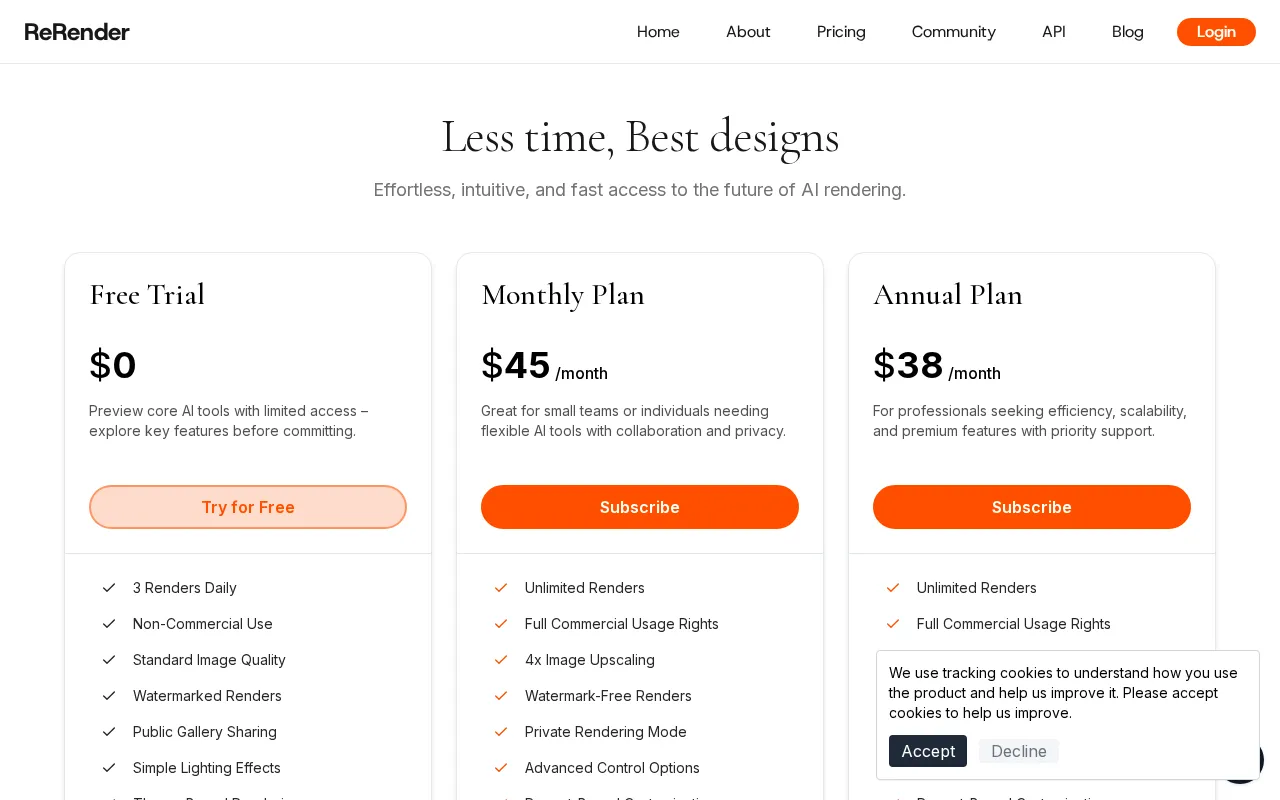 ReRender AI — pricing page