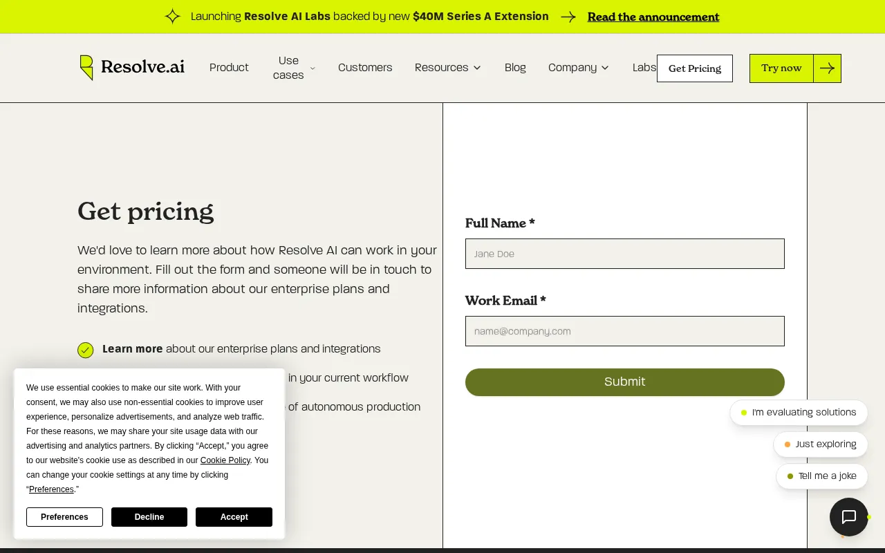 Resolve — pricing page