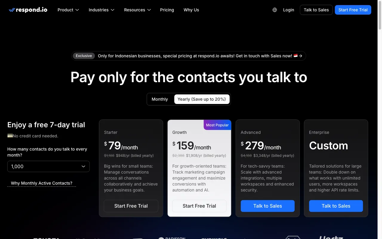 Respond.io — pricing page
