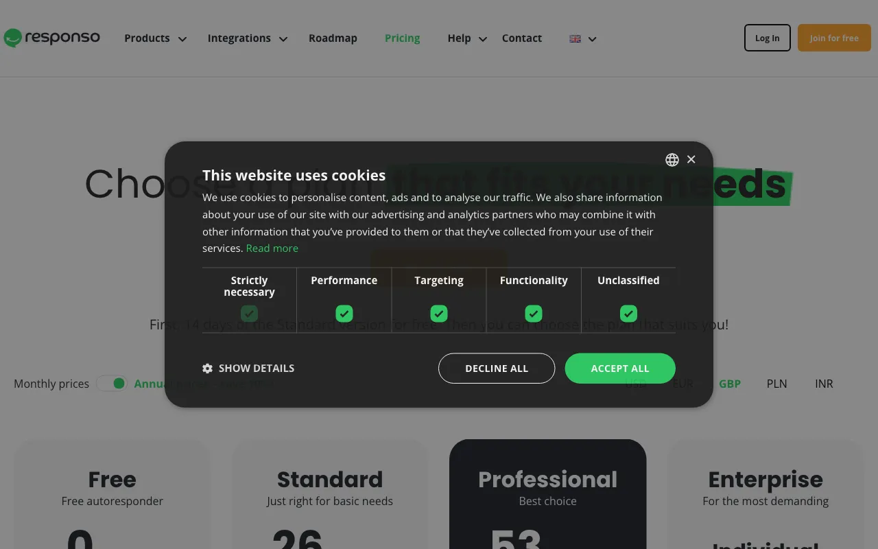 Responso — pricing page