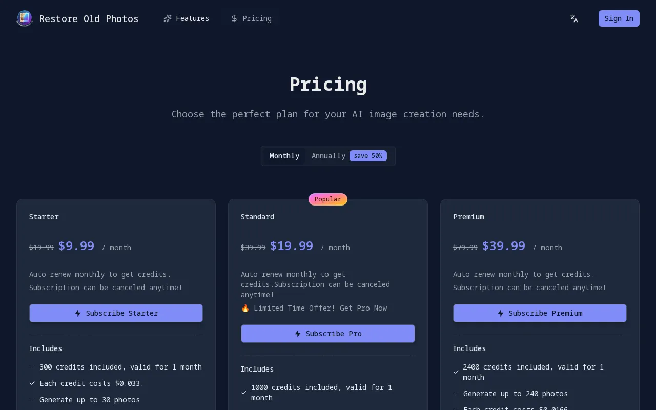 Restore Old Photos App — pricing page
