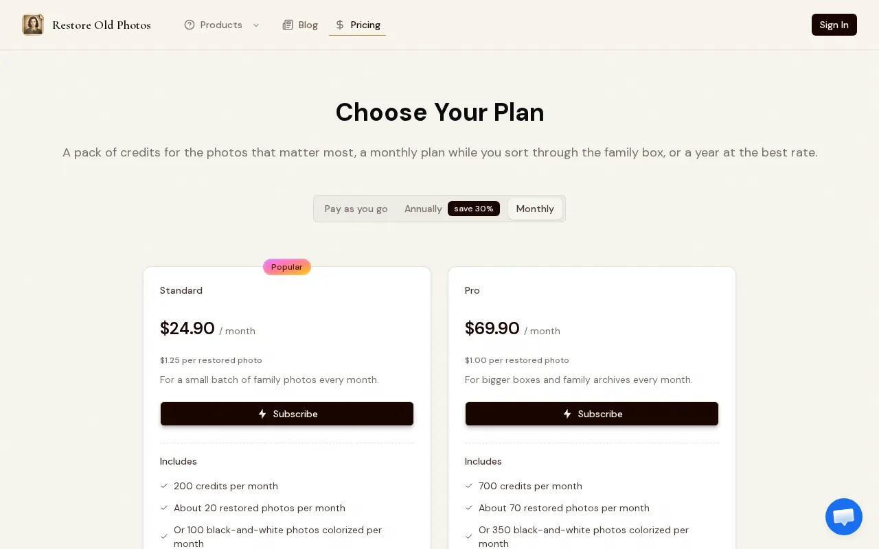 Restore Old Photos.pro — pricing page