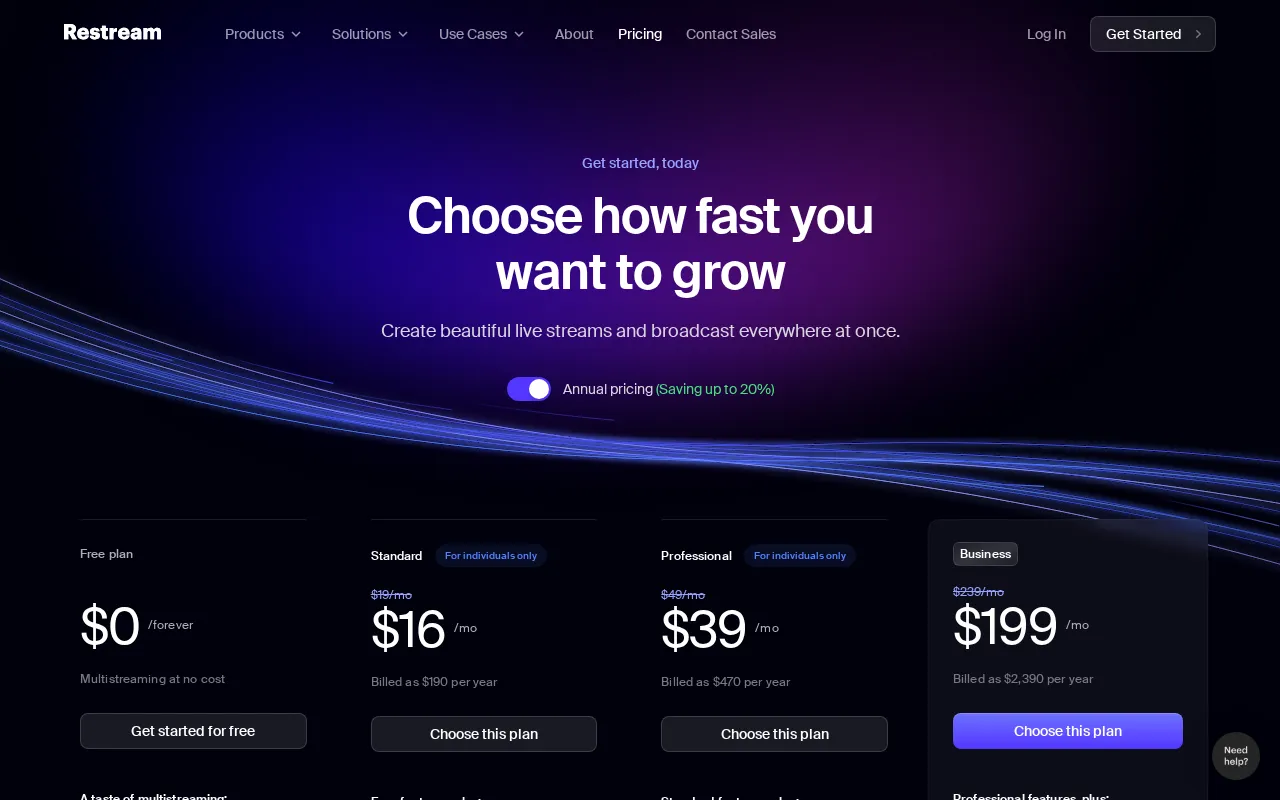 Restream — pricing page