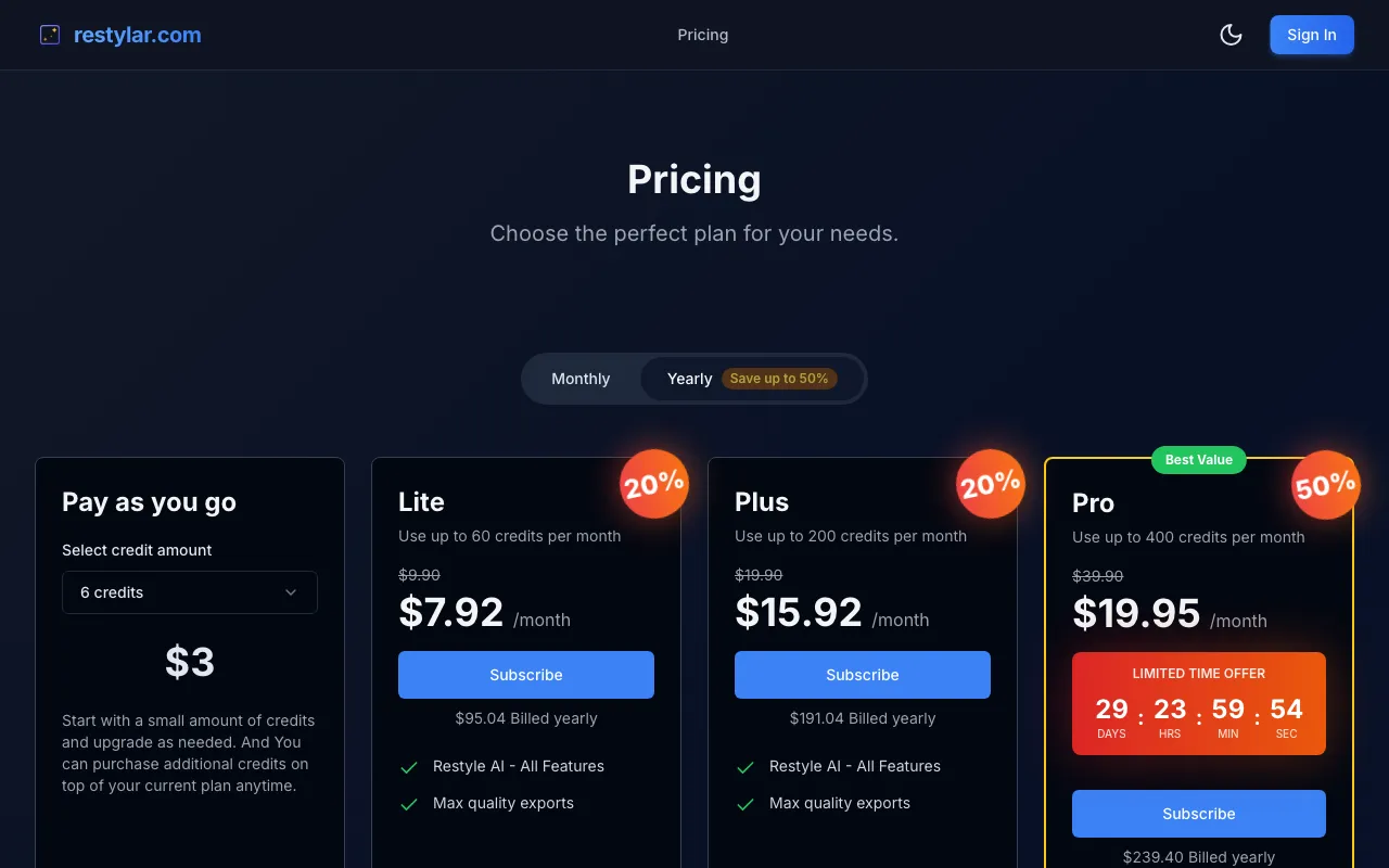 Restylar — pricing page
